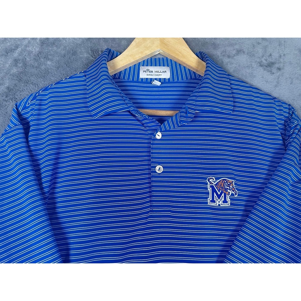 Peter Millar Mens Large Memphis Tigers Summer Comfort Striped Polo Shirt Blue